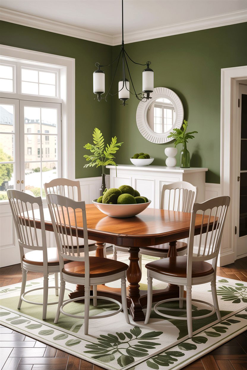 Sage green and white dining room with wood table - 30 sage and white dining room ideas
