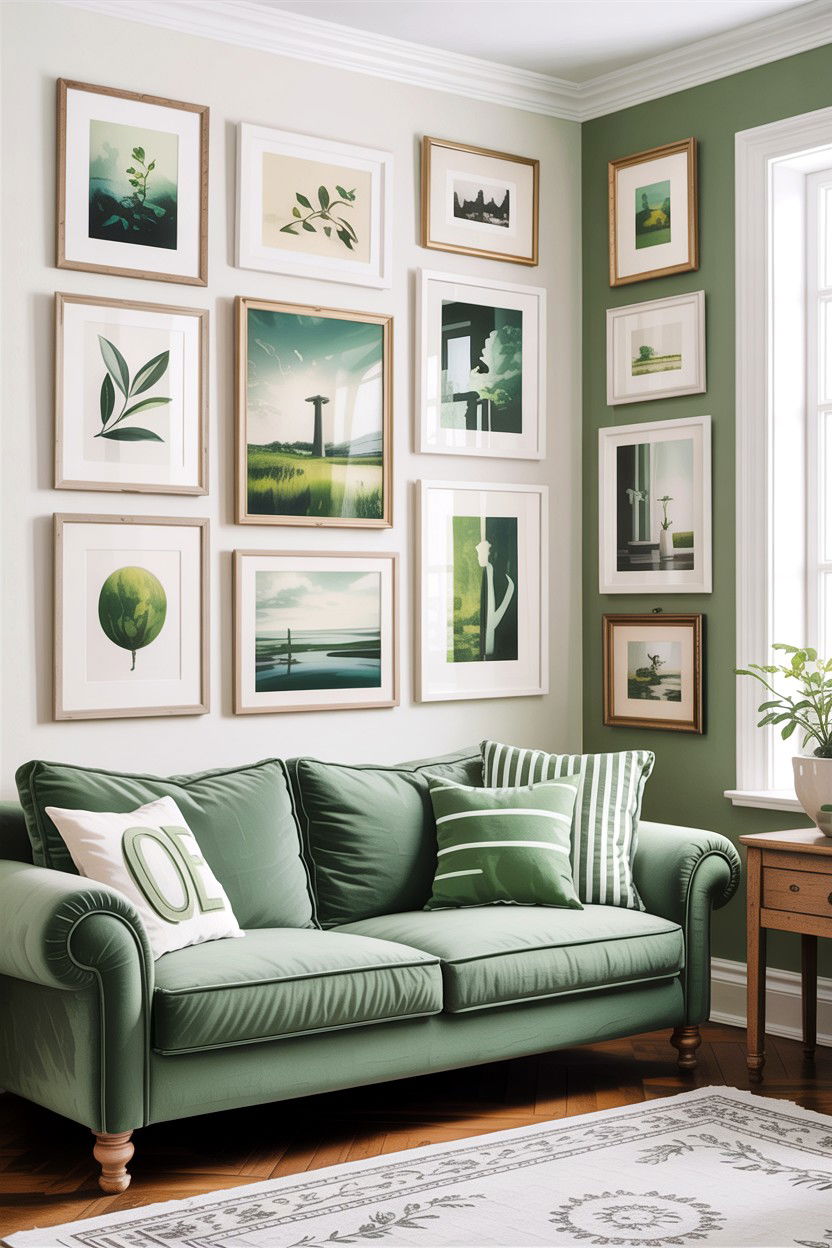 Sage green and white gallery wall - 30 sage and white living room ideas