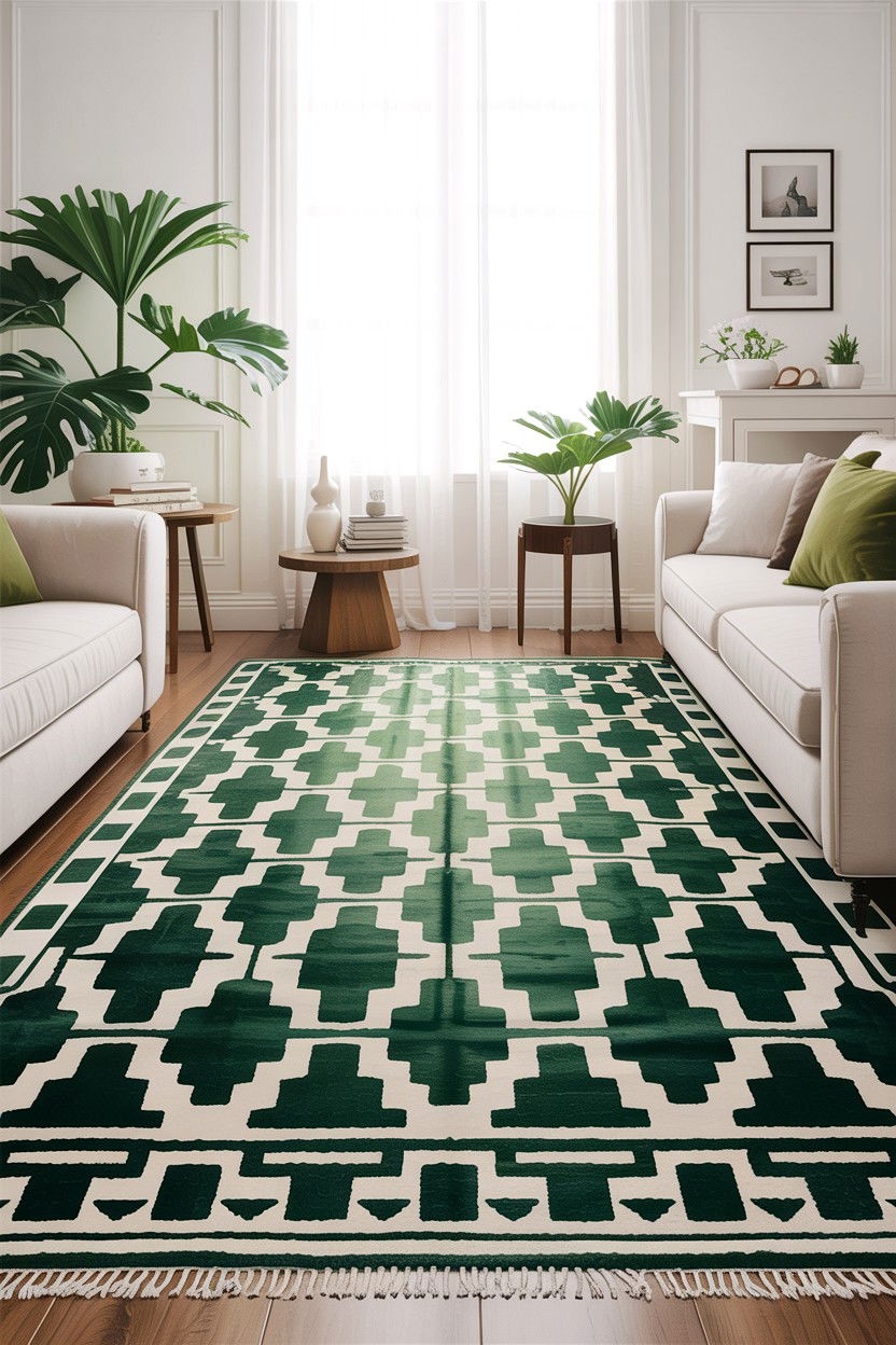 Sage green and white geometric rug - 30 sage and white living room ideas