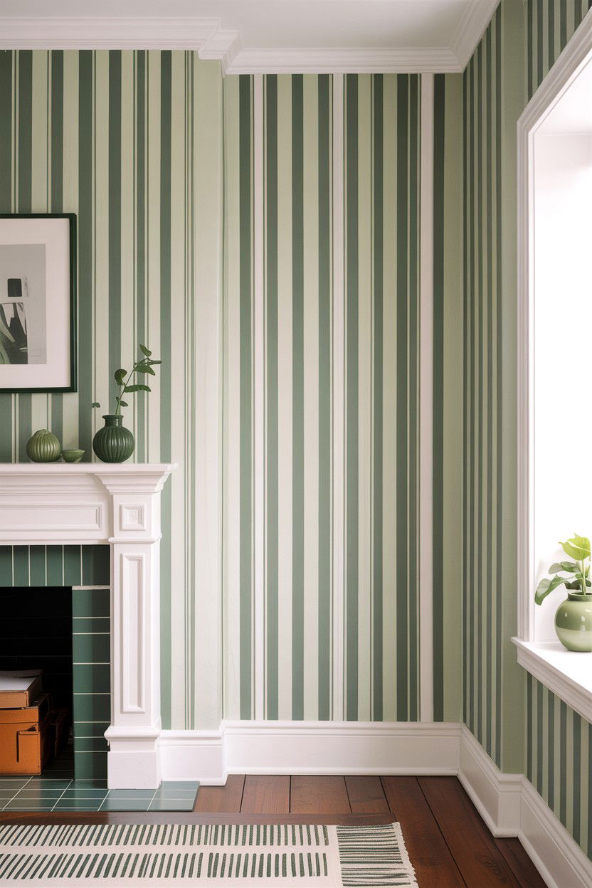 Sage green and white striped wallpaper - 30 sage and white living room ideas