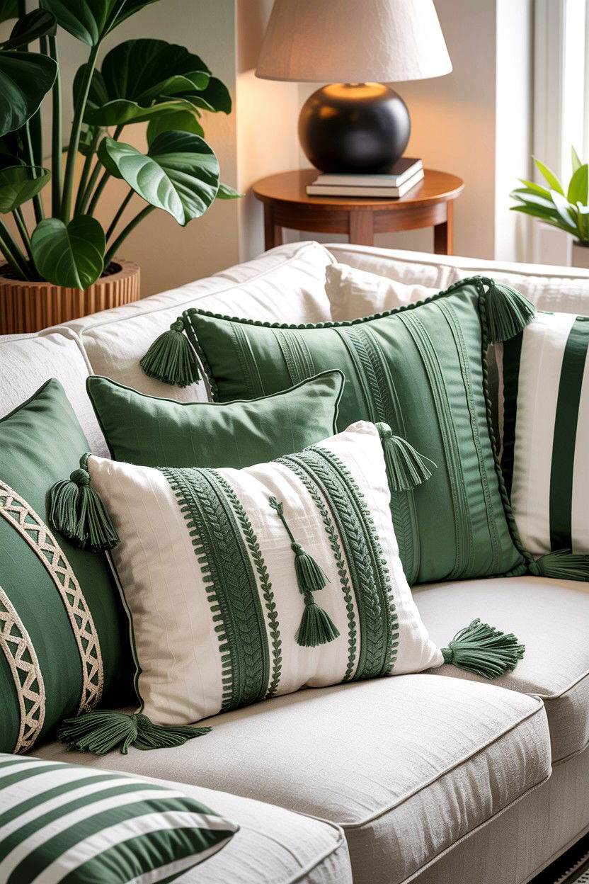Sage green and white textured cushions - 30 sage and white living room ideas