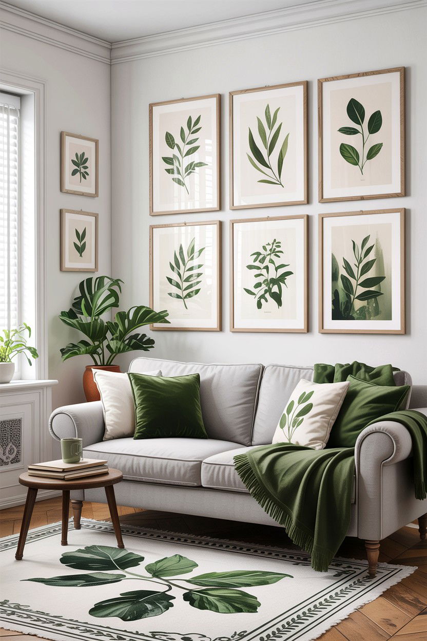 Sage green and white wall art - 30 sage and white living room ideas