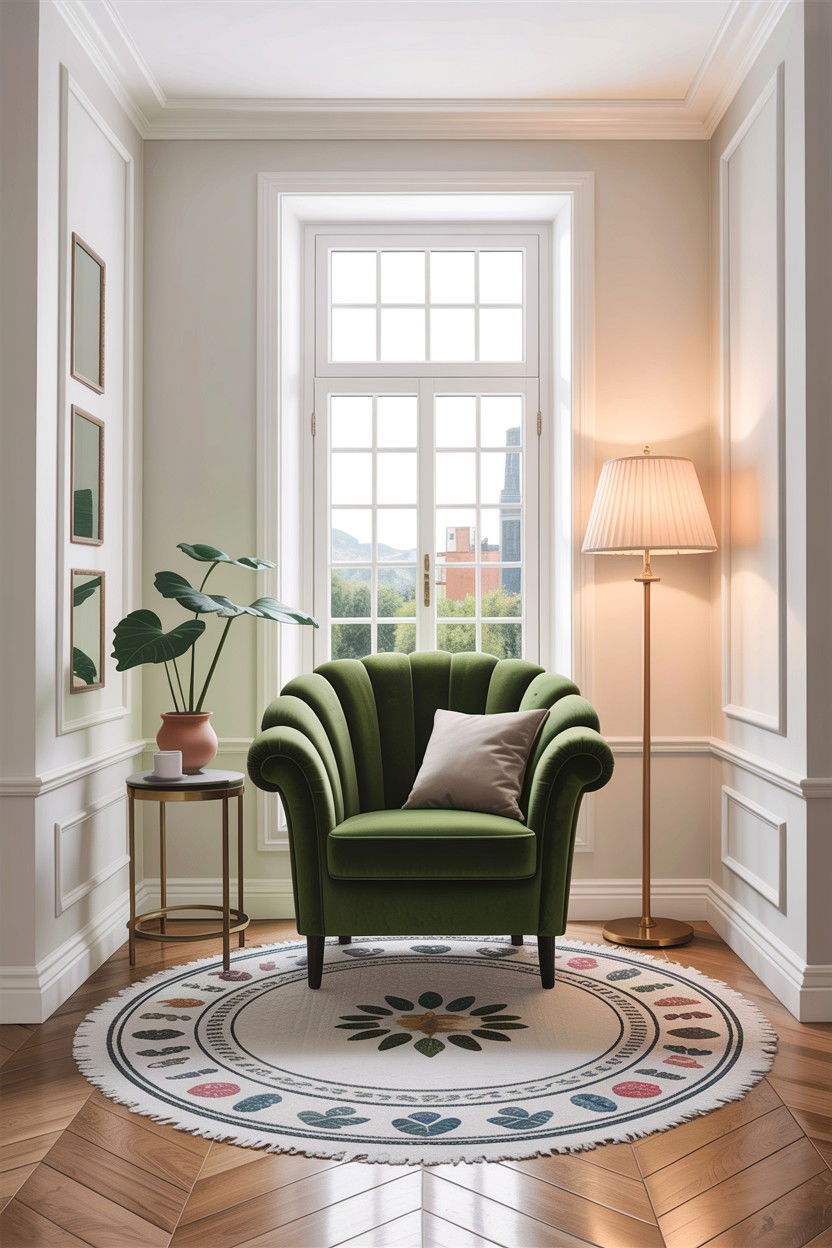 Sage green armchair white corner - 30 sage and white living room ideas