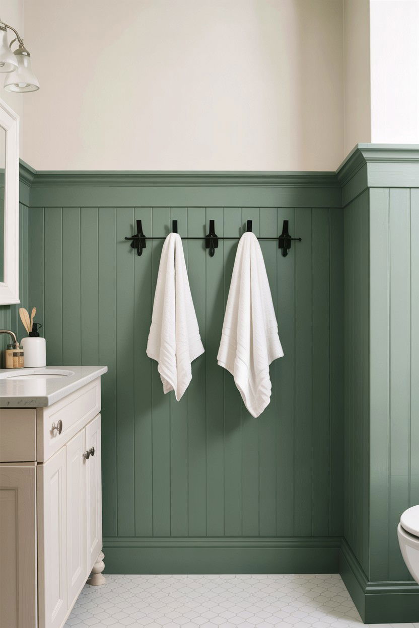 Sage green board and batten bathroom - 30 sage and white bathroom ideas