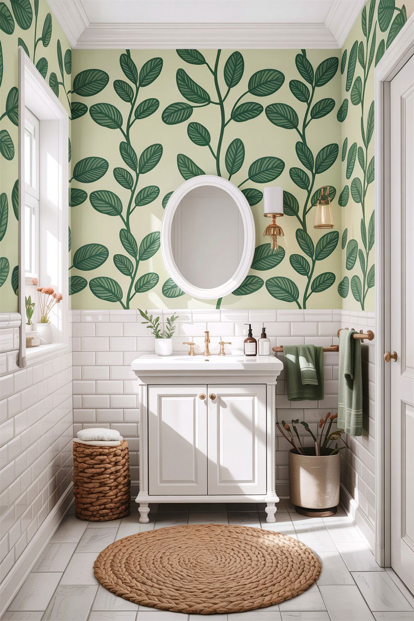 Sage green botanical wallpaper white bathroom - 30 sage and white bathroom ideas