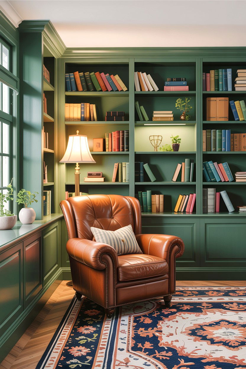 Sage green built in bookshelves living room - 30 sage living room decor ideas
