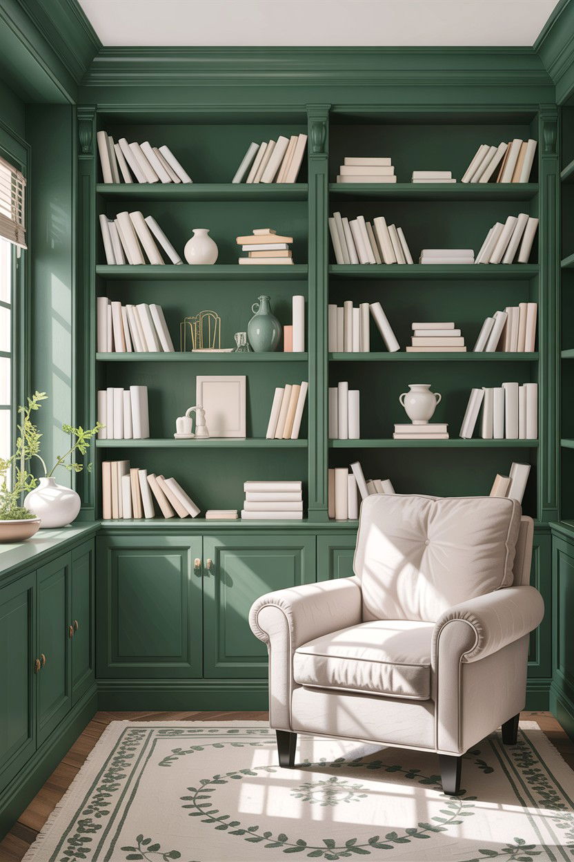 Sage green built in bookshelves - 30 sage and white living room ideas