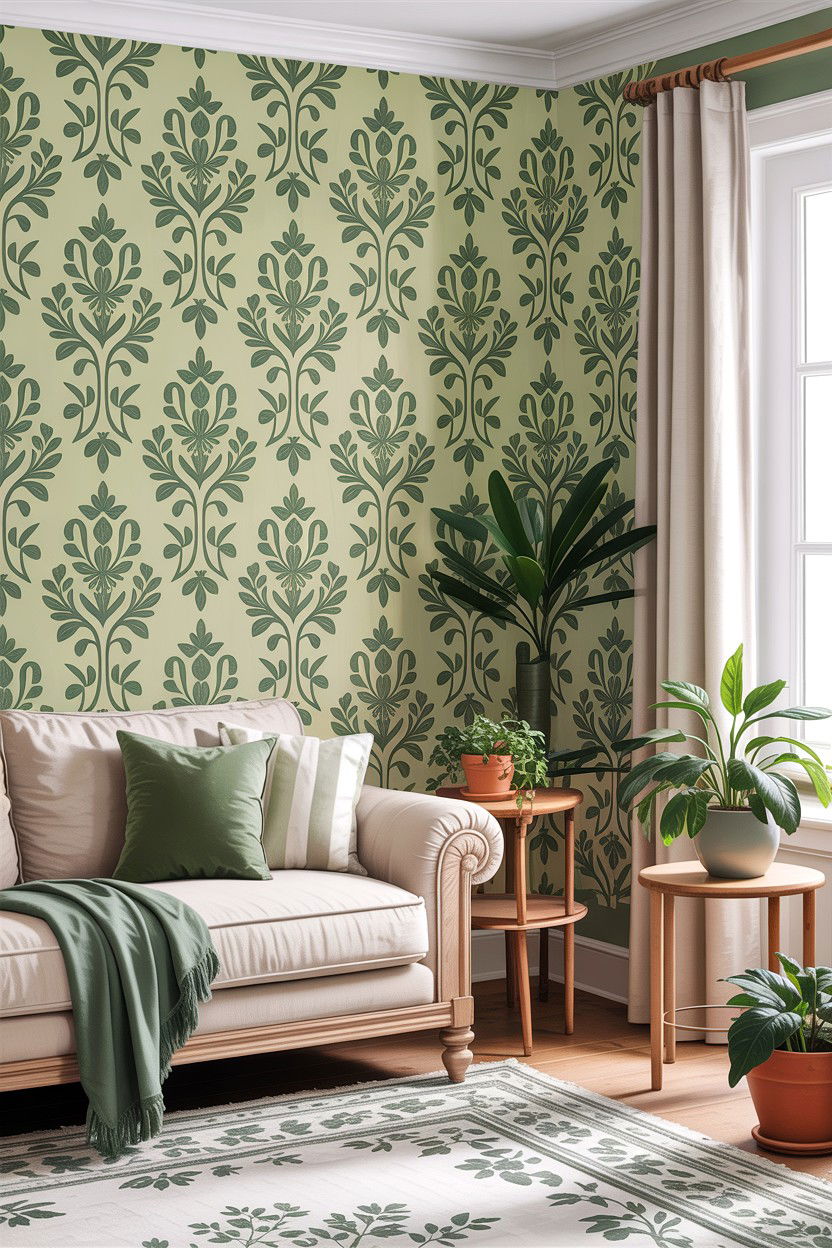 Sage green damask wallpaper - 30 living room damask wallpapers
