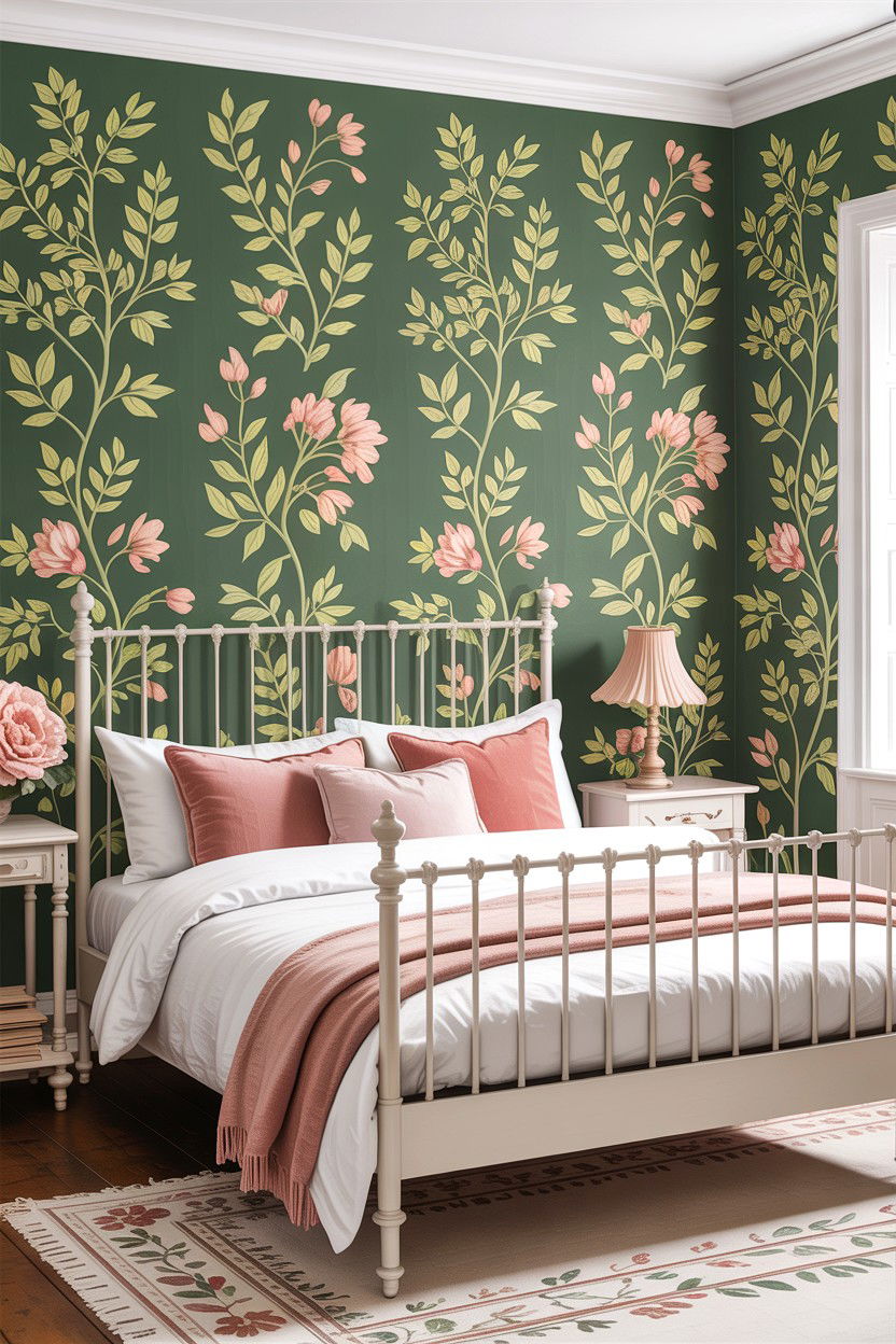 Sage green floral wallpaper - 30 sage bedroom decor ideas