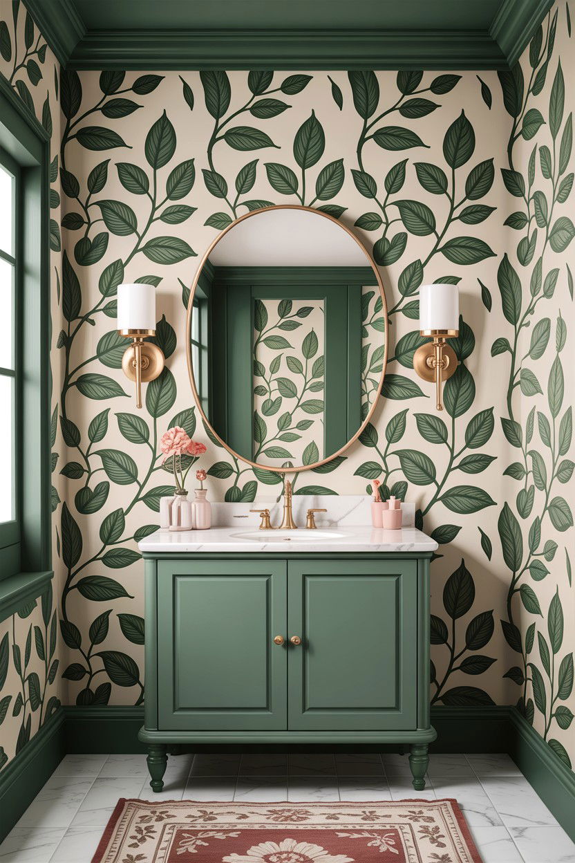 Sage green floral wallpaper - 30 sage bathroom decor ideas