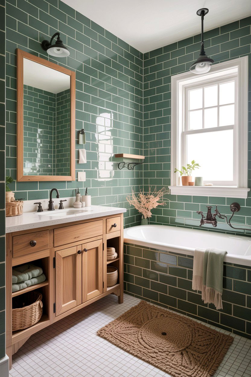 Sage green grout farmhouse bathroom - 30 colored grout bathroom ideas