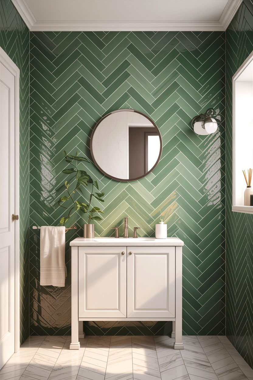 Sage green herringbone tile bathroom - 30 sage and white bathroom ideas
