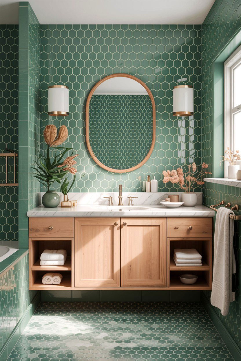 Sage green honeycomb tile bathroom - 30 honeycomb tile bathroom ideas
