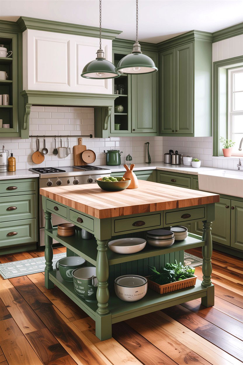 Sage green kitchen cabinets butcher block island - 30 sage and white kitchen ideas