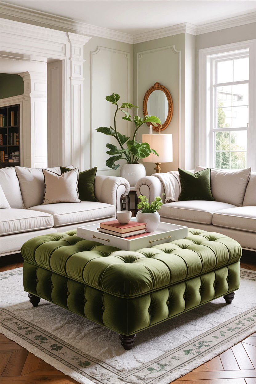 Sage green ottoman white living room - 30 sage and white living room ideas