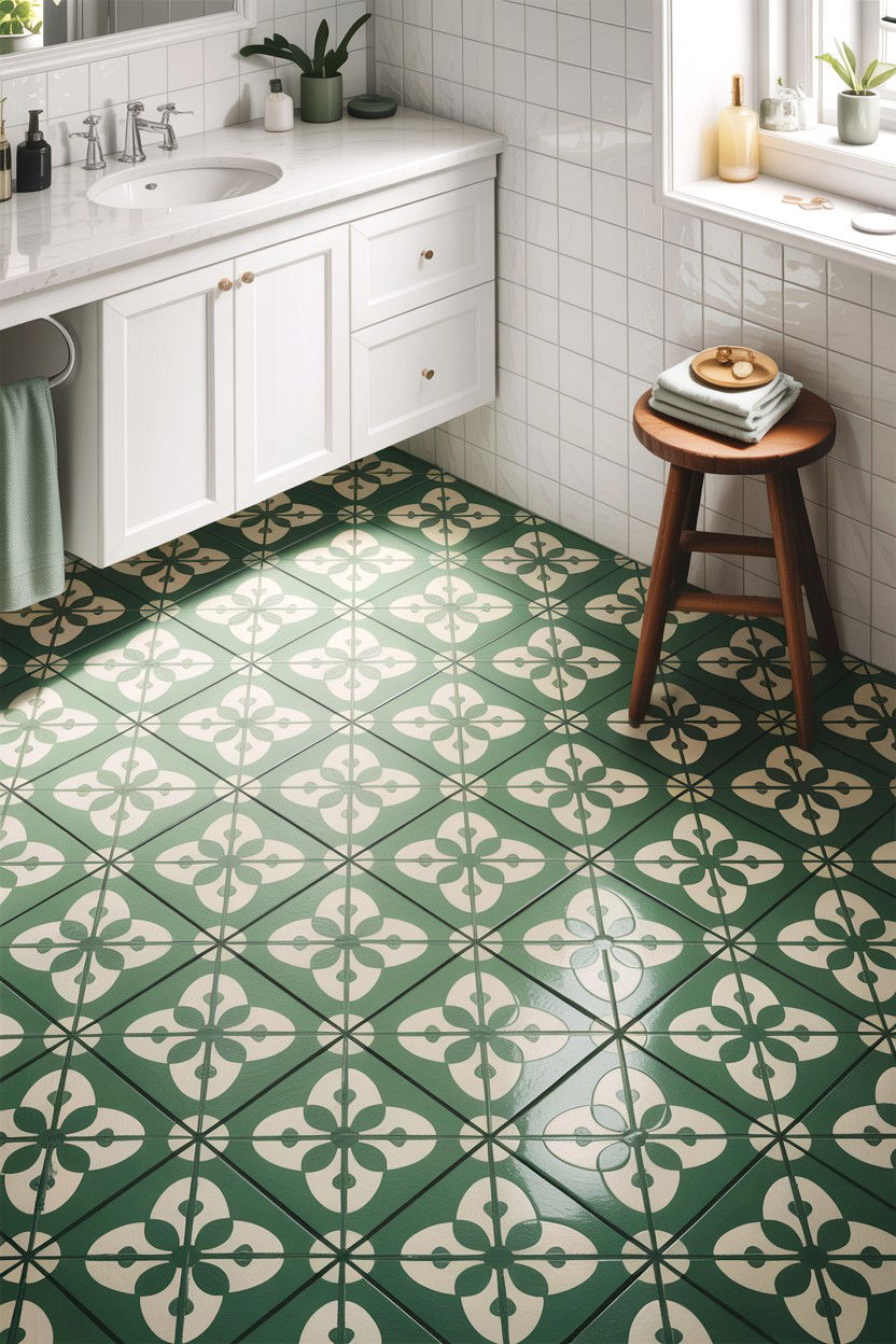 Sage green patterned floor tile bathroom - 30 sage and white bathroom ideas