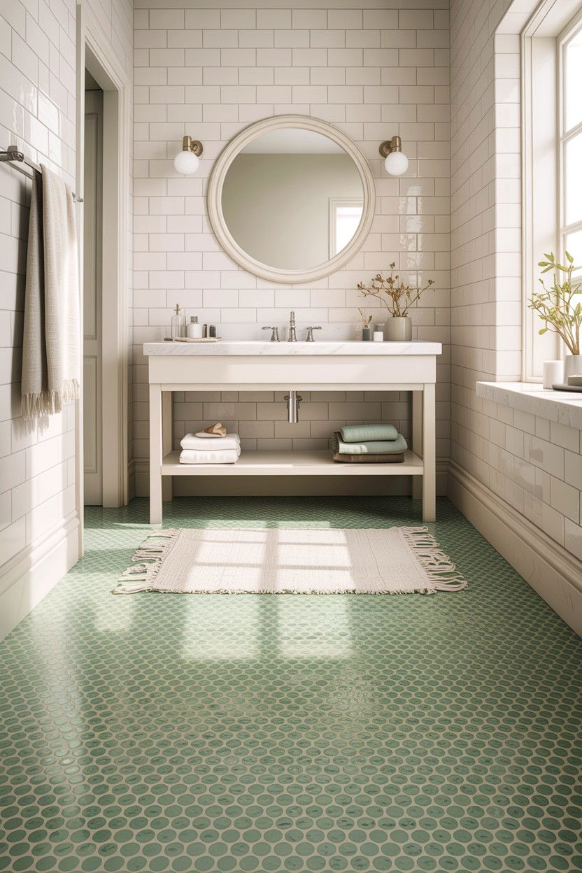 Sage green penny tile bathroom floor - 30 sage and white bathroom ideas