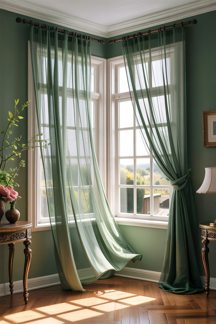 Sage green sheer curtains - 30 sage bedroom decor ideas