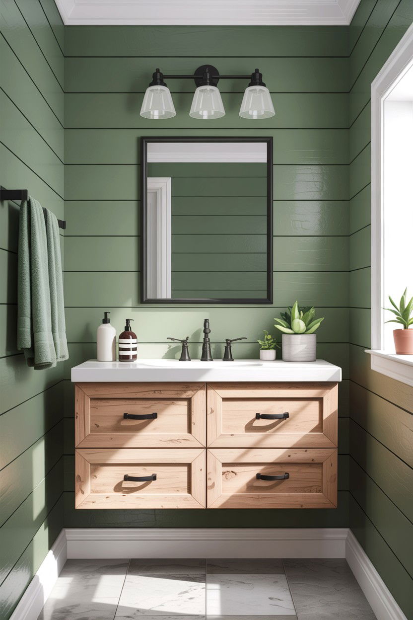 Sage green shiplap bathroom wall - 30 sage and white bathroom ideas