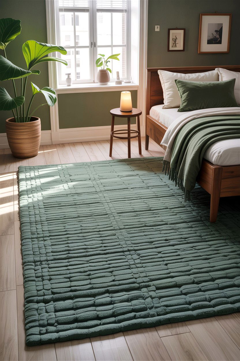Sage green textured rugs - 30 sage bedroom decor ideas