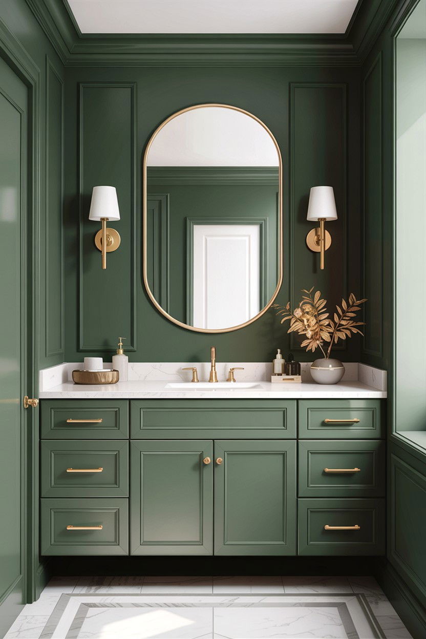 Sage green vanity gold hardware - 30 sage and white bathroom ideas