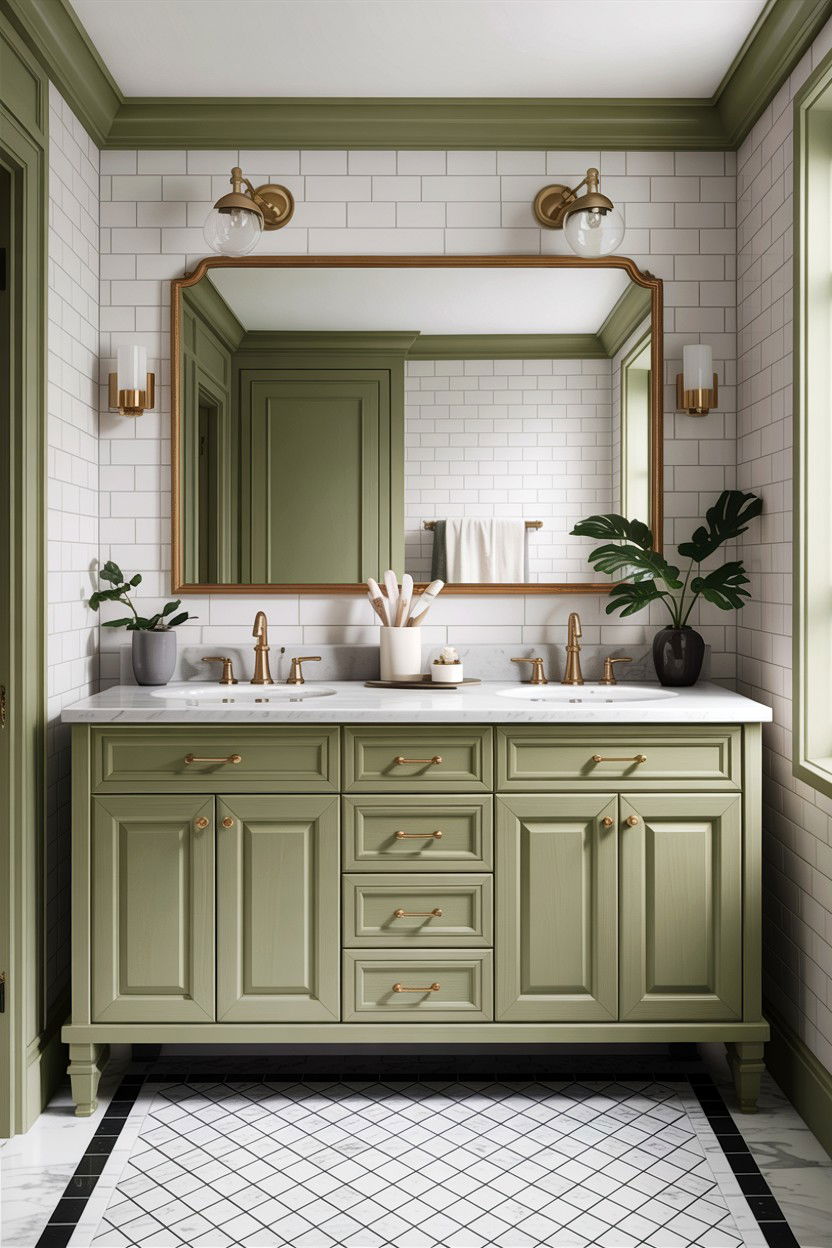 Sage green vanity white marble top - 30 sage and white bathroom ideas