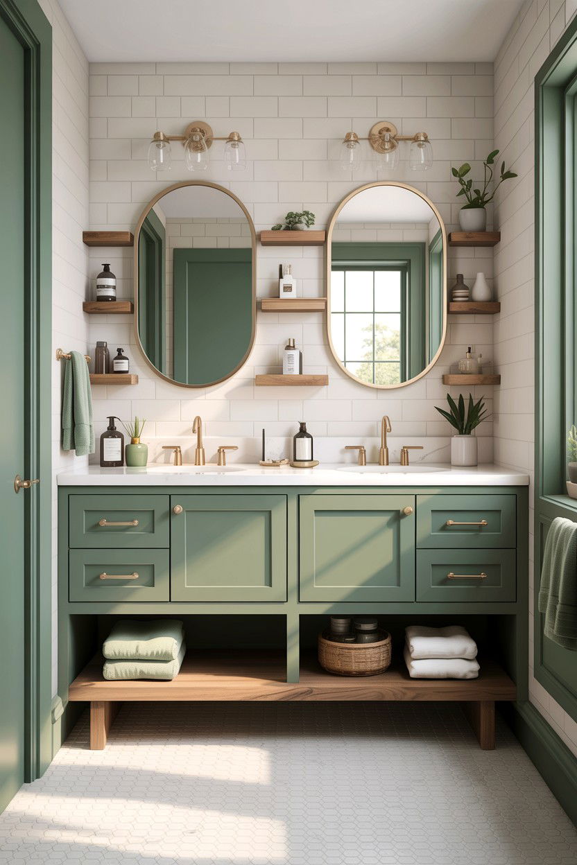 Sage green vanity - 30 Jack and Jill bathroom ideas