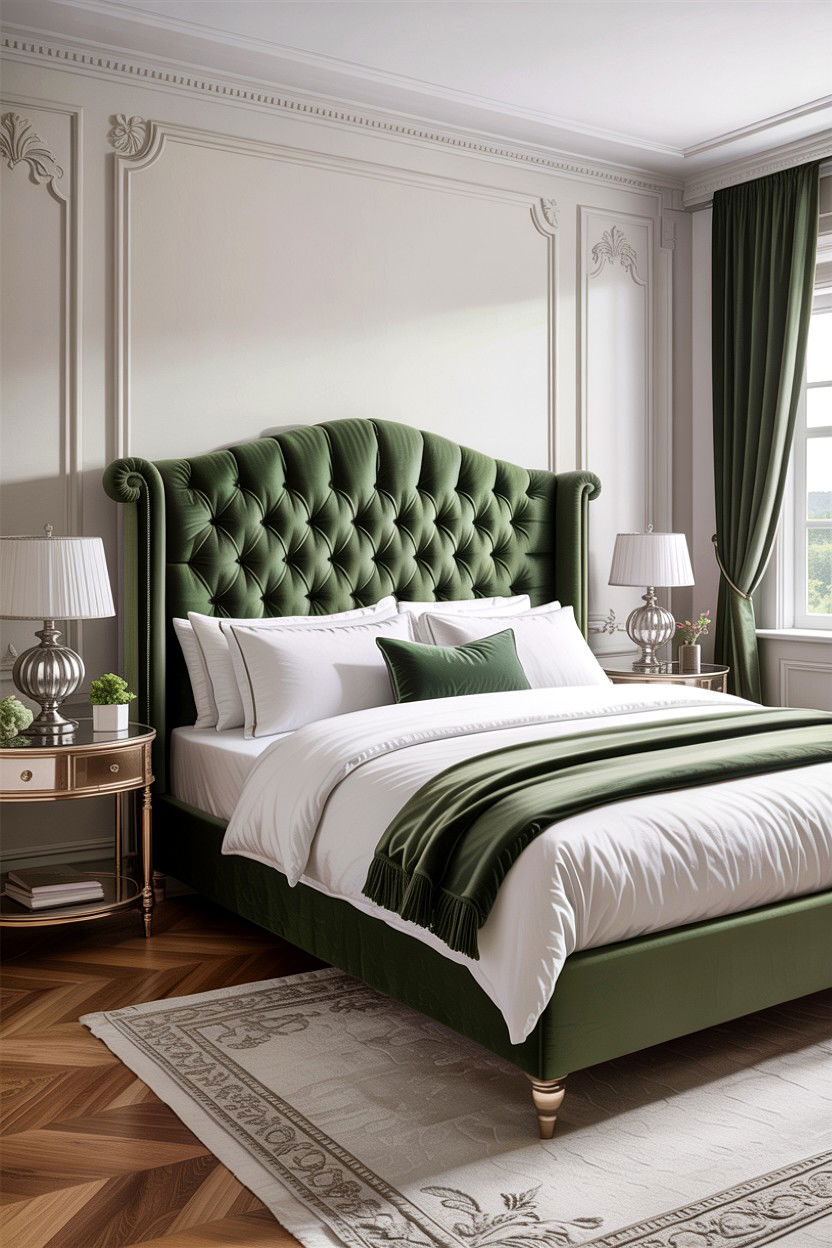 Sage green velvet headboard - 30 sage bedroom decor ideas