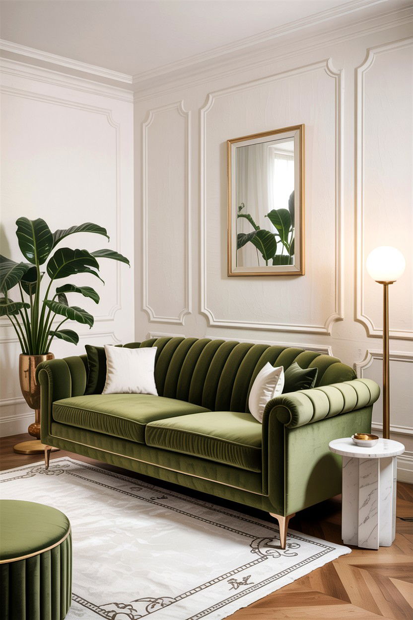 Sage green velvet sofa white decor - 30 sage and white living room ideas