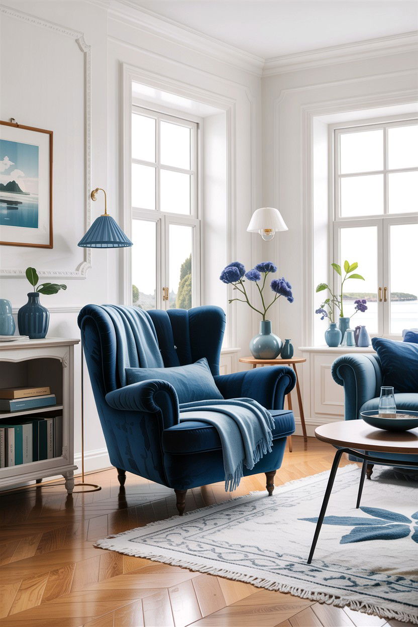 Scandi Living Room Blue Accents - 30 scandinavian white living room ideas