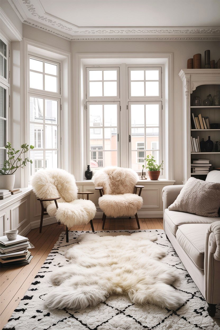 Scandi Living Room Sheepskin Rugs - 30 scandinavian white living room ideas
