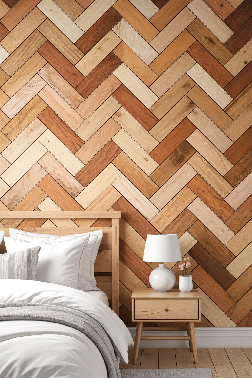Scandi herringbone wood wall - 30 bedroom herringbone wall ideas