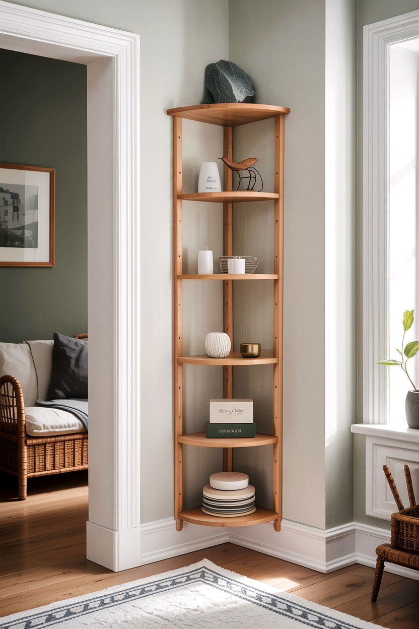 Scandi style corner shelf - 30 living room corner shelf ideas