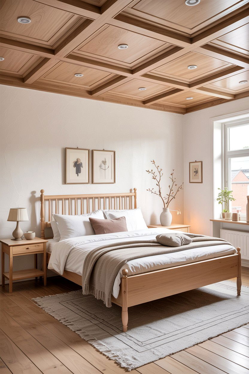 Scandinavian Light Wood Ceiling - 30 bedroom coffered ceiling designs