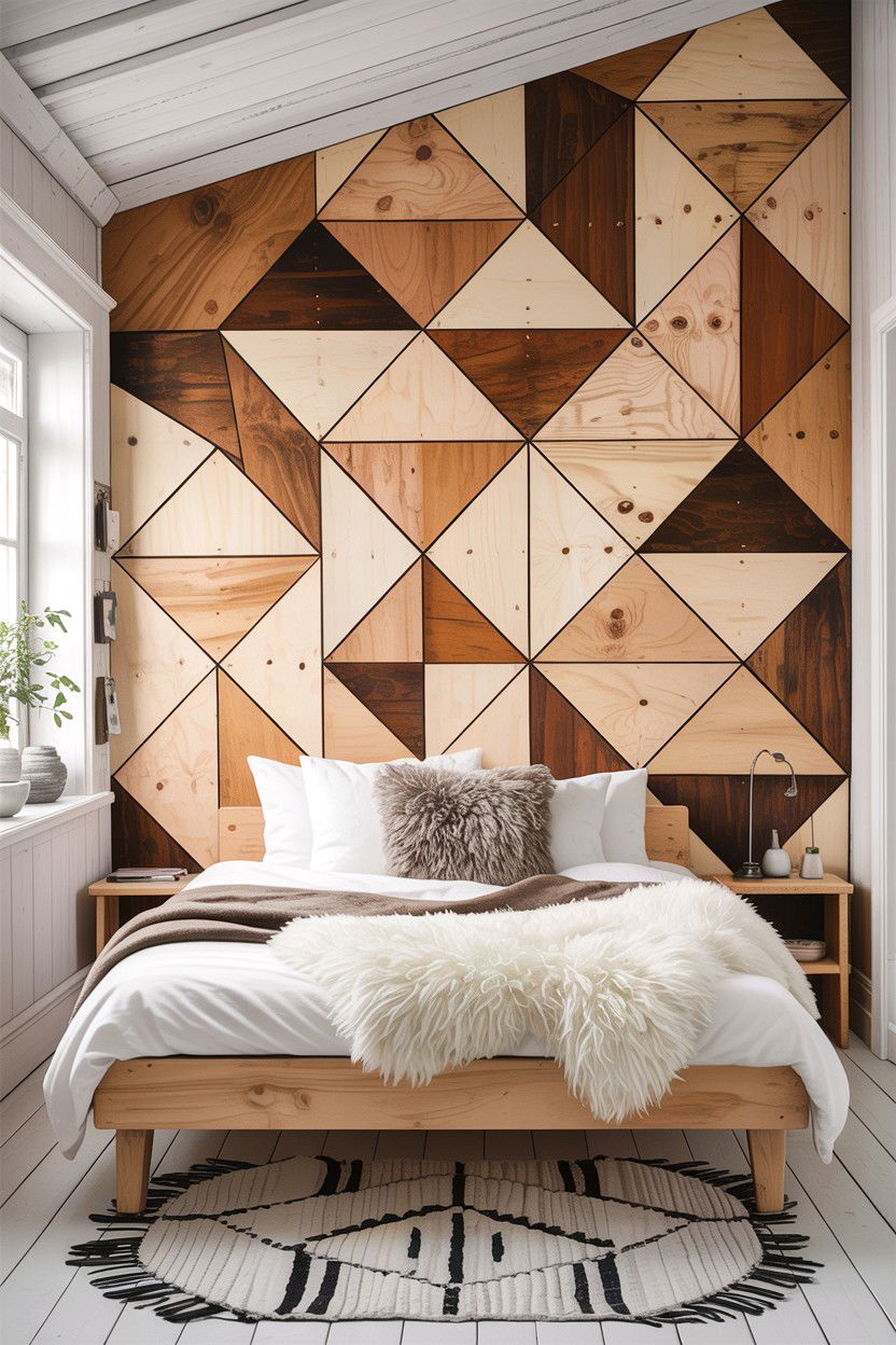 Scandinavian Plywood Geometric Wall - 30 bedroom geometric wall designs
