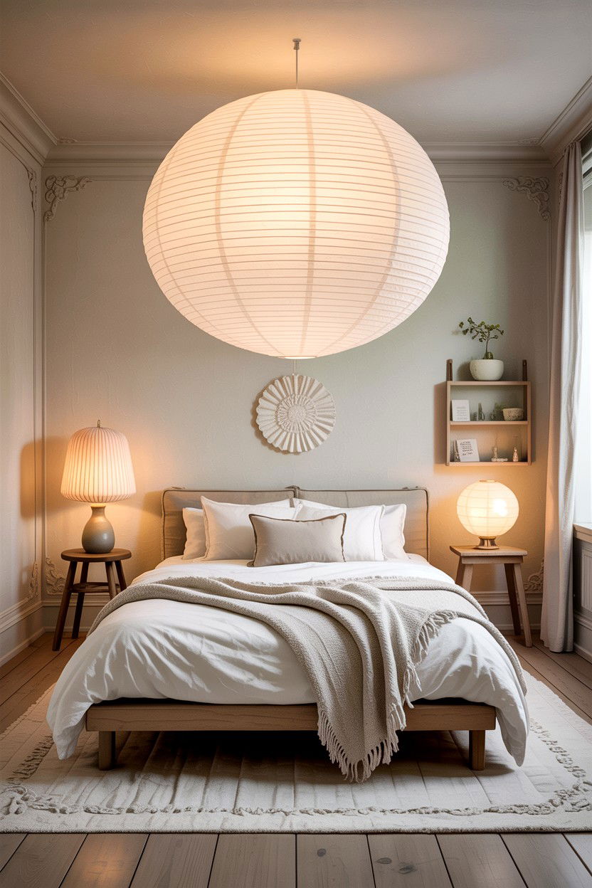 Sculptural Paper Lantern Bedroom - 30 Swedish bedroom ideas