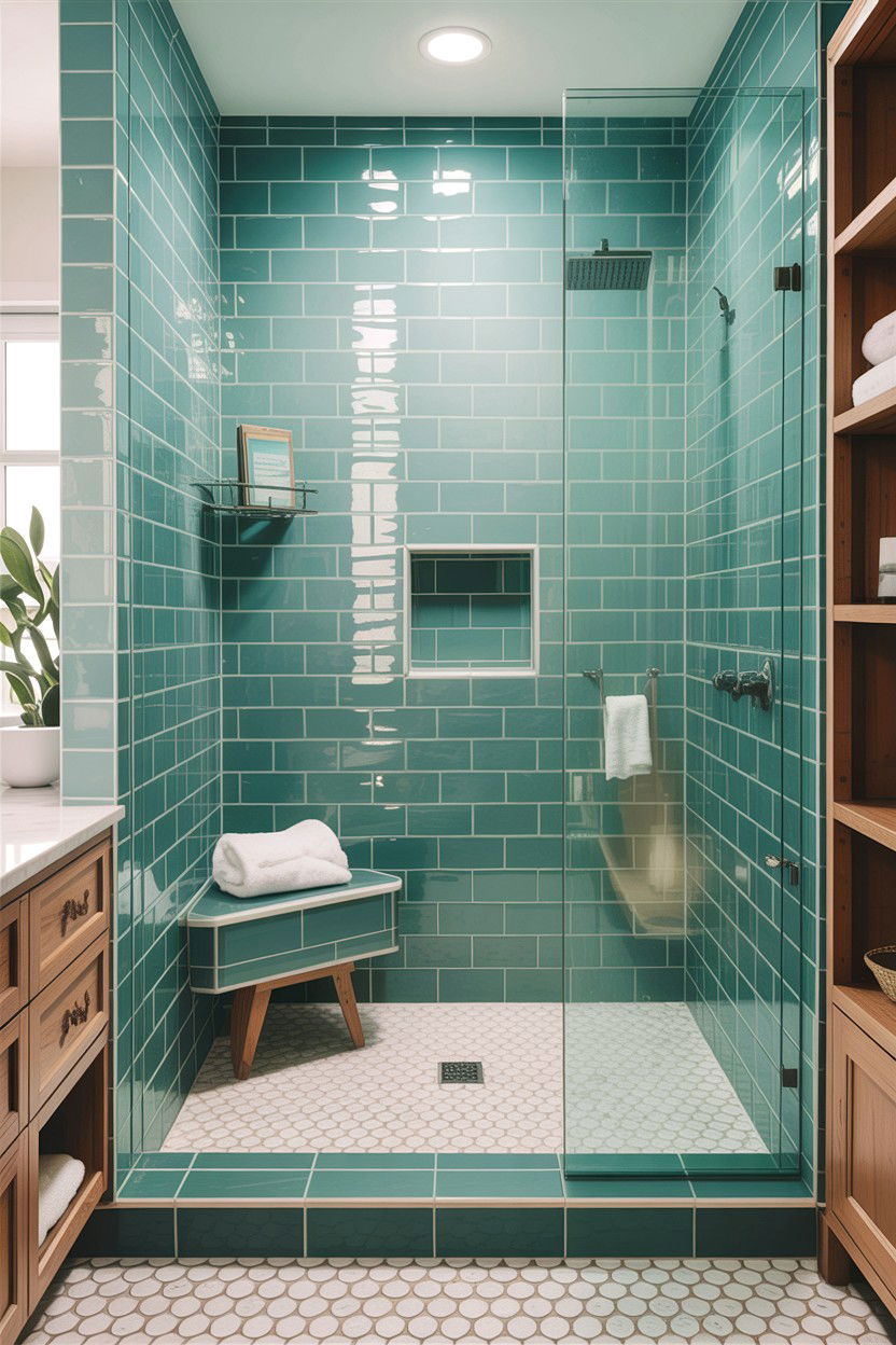 Seafoam green subway tile shower - 30 colored subway tile bathroom ideas