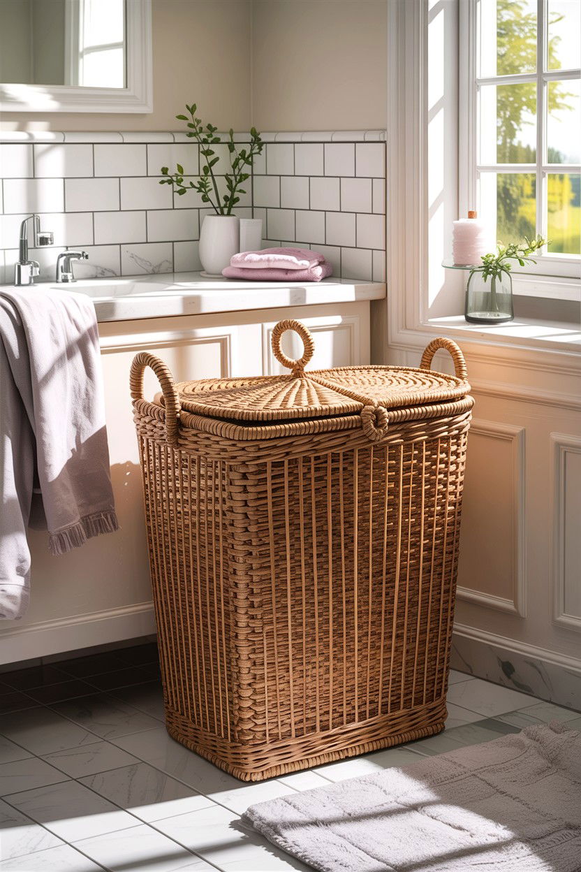 Seagrass laundry hamper baskets - 30 bathroom basket storage ideas