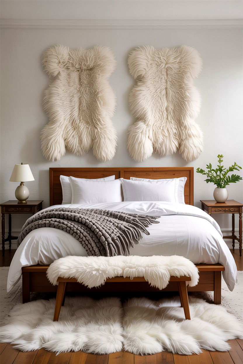 Sheepskin Rug Cozy Bedroom - 30 layered texture bedroom ideas