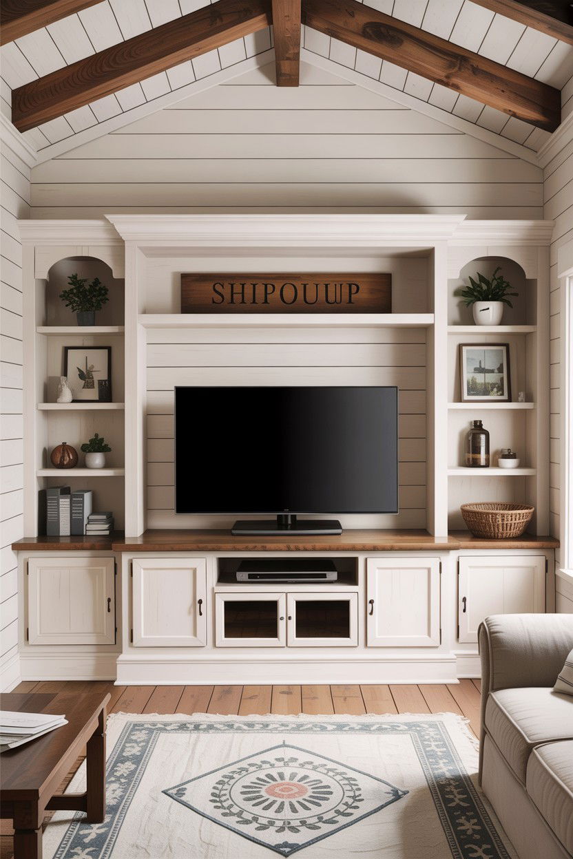Shiplap Entertainment Center - 30 living room farmhouse furniture ideas