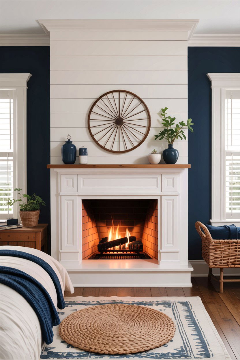 Shiplap Fireplace Wall - 30 bedroom with fireplace ideas