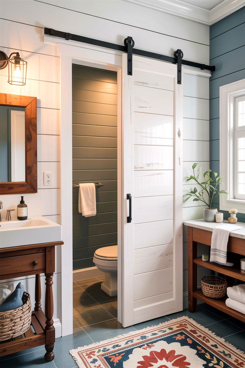 Shiplap sliding bathroom door - 30 bathroom door statement ideas