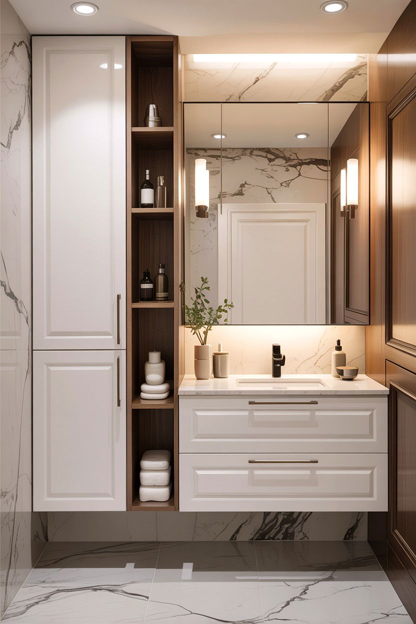 Side Storage Tower - 30 bathroom asymmetry ideas