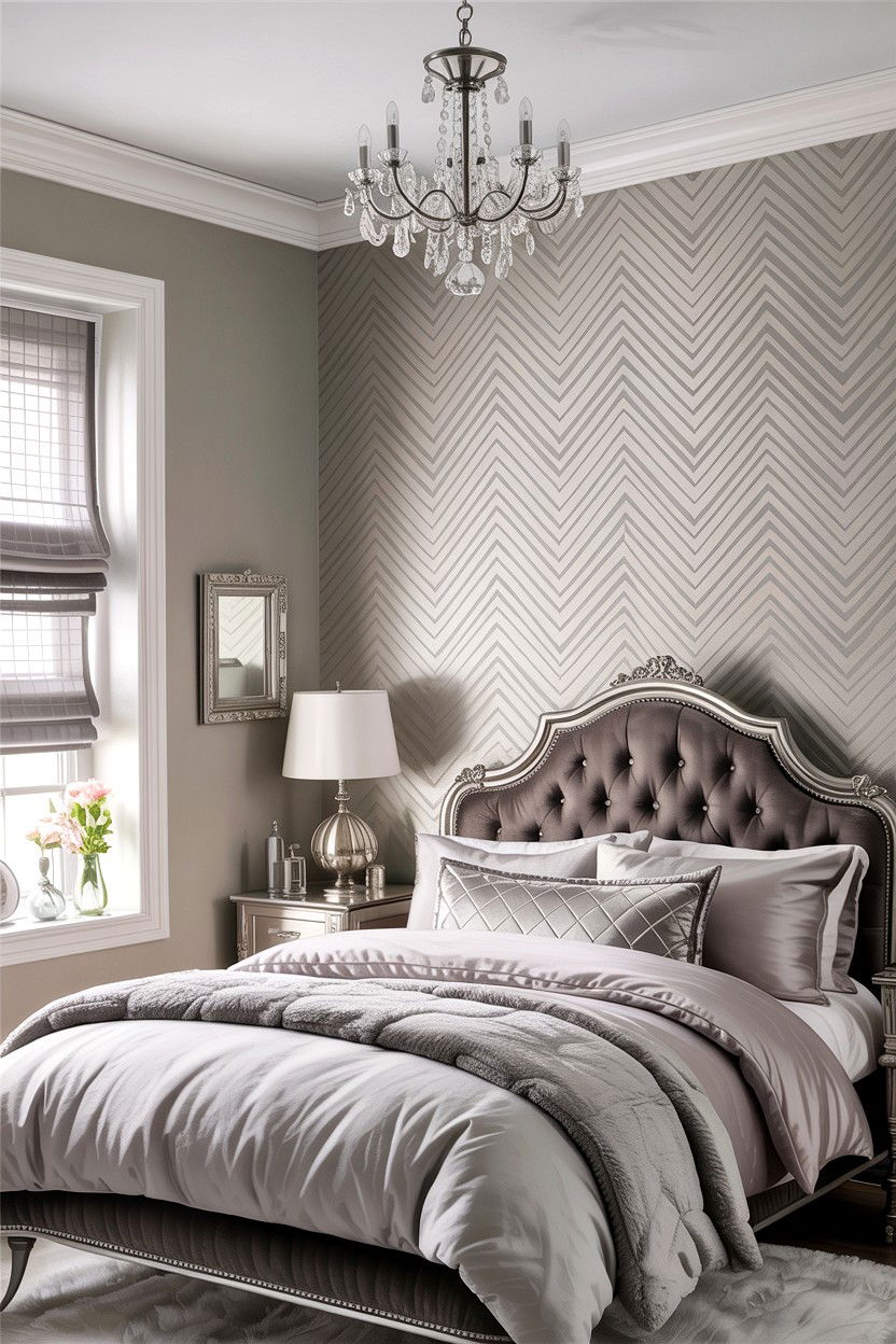 Silver chevron wall stencil - 30 bedroom chevron wall ideas