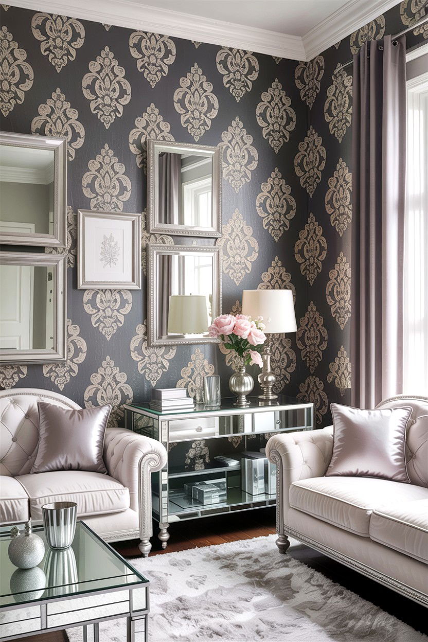 Silver glitter damask wallpaper - 30 living room damask wallpapers