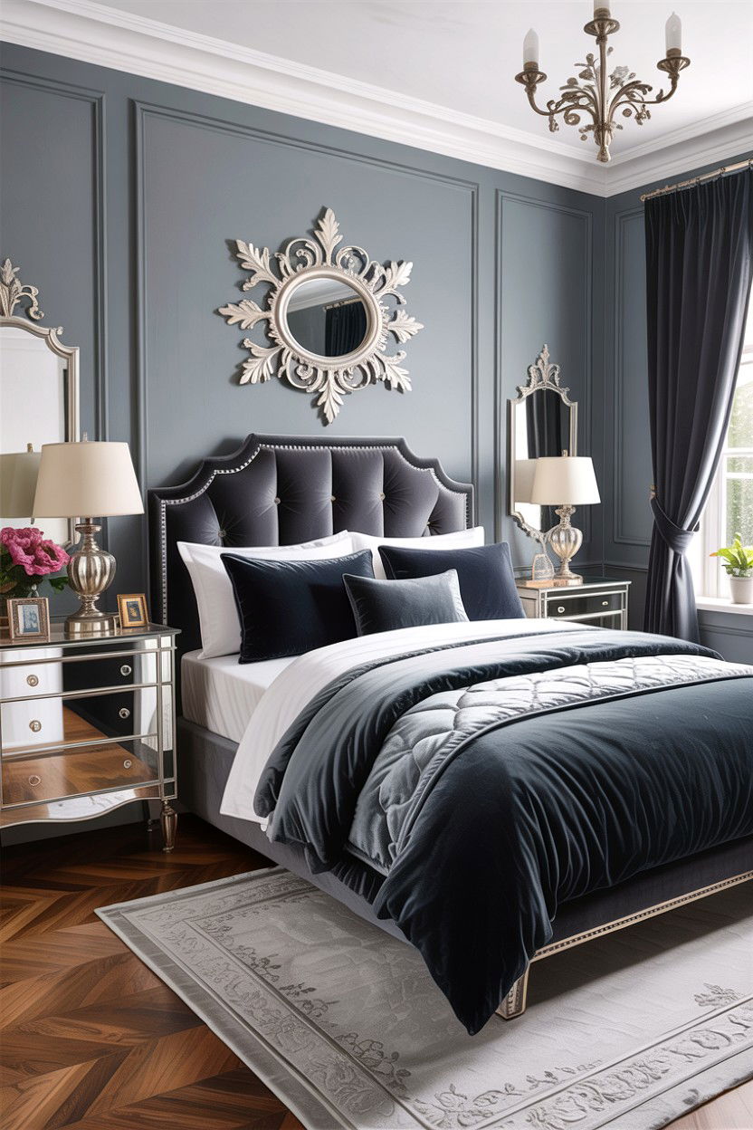 Silver grey bedroom with velvet bedding - 30 traditional grey bedroom ideas