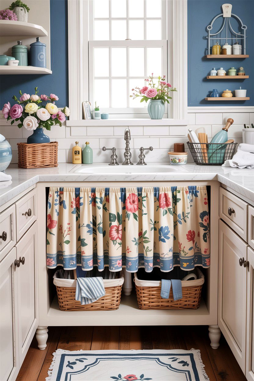 Skirted sink storage - 30 small bathroom space storage ideas