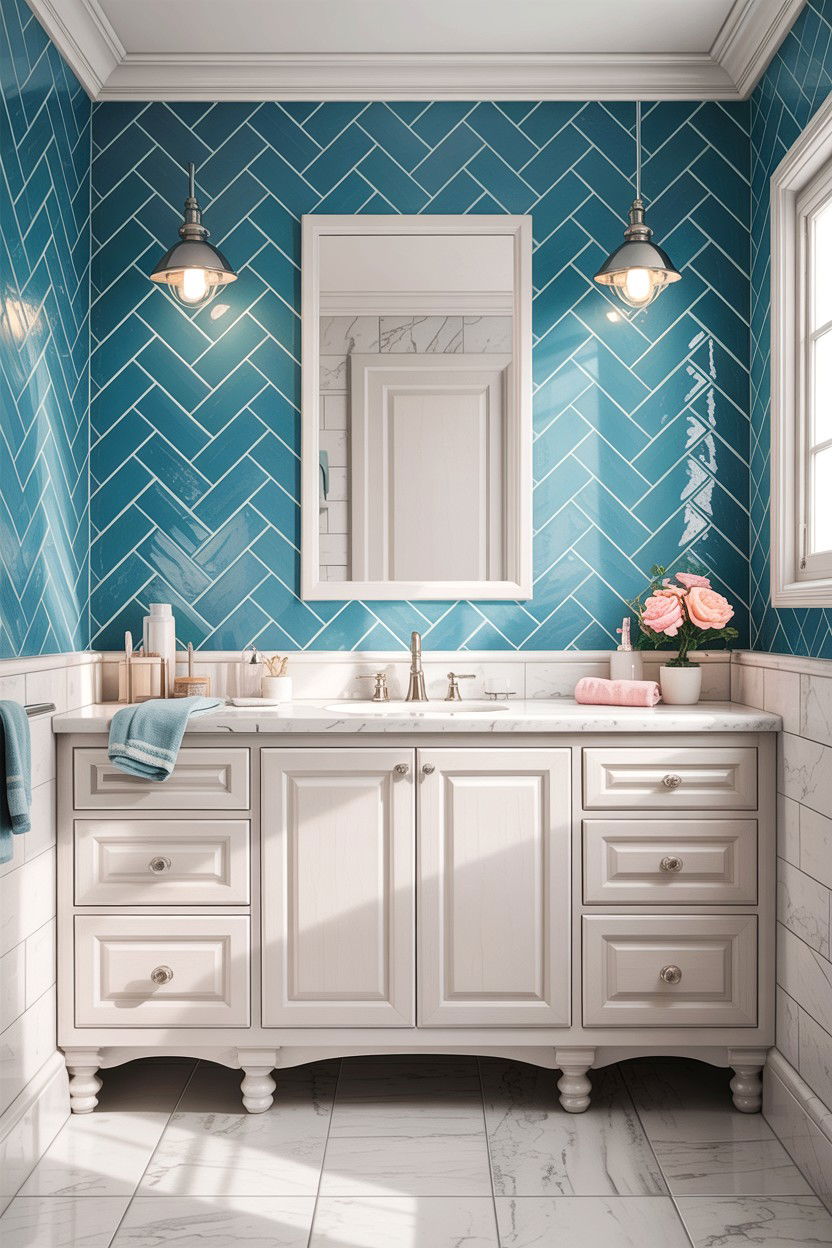 Sky Blue Tile White Grout - 30 contrasting grout bathroom ideas