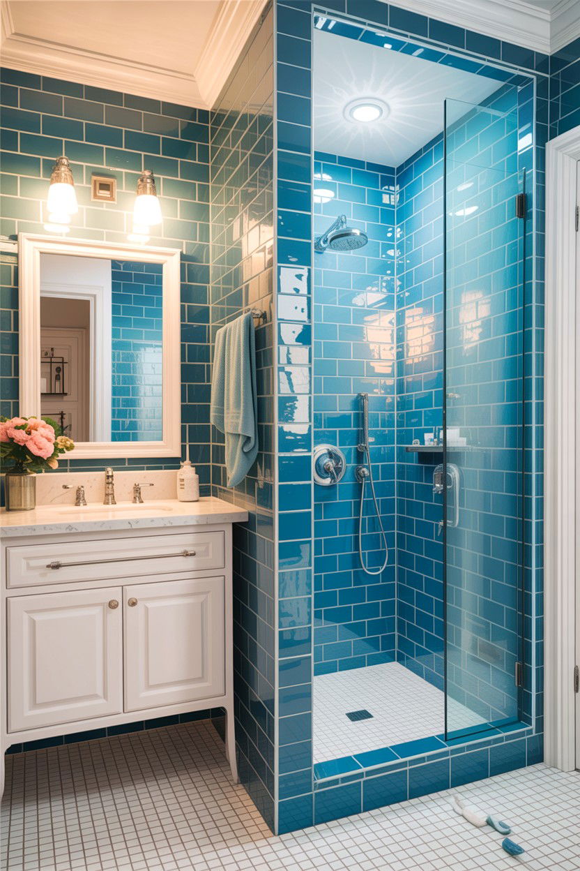 Sky blue subway tile shower - 30 colored subway tile bathroom ideas