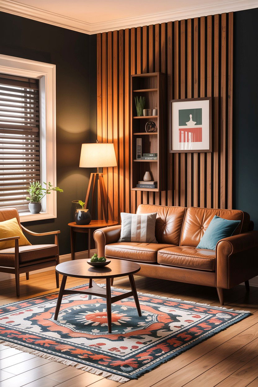 Slat wood accent wall - 30 DIY living room ideas